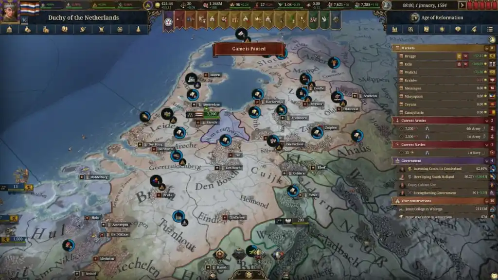Instantâneo da jogabilidade de Europa Universalis 5.