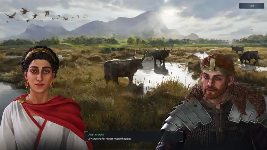Dois personagens conversando em um pântano com bois ao fundo em Anno 117 Pax romana.