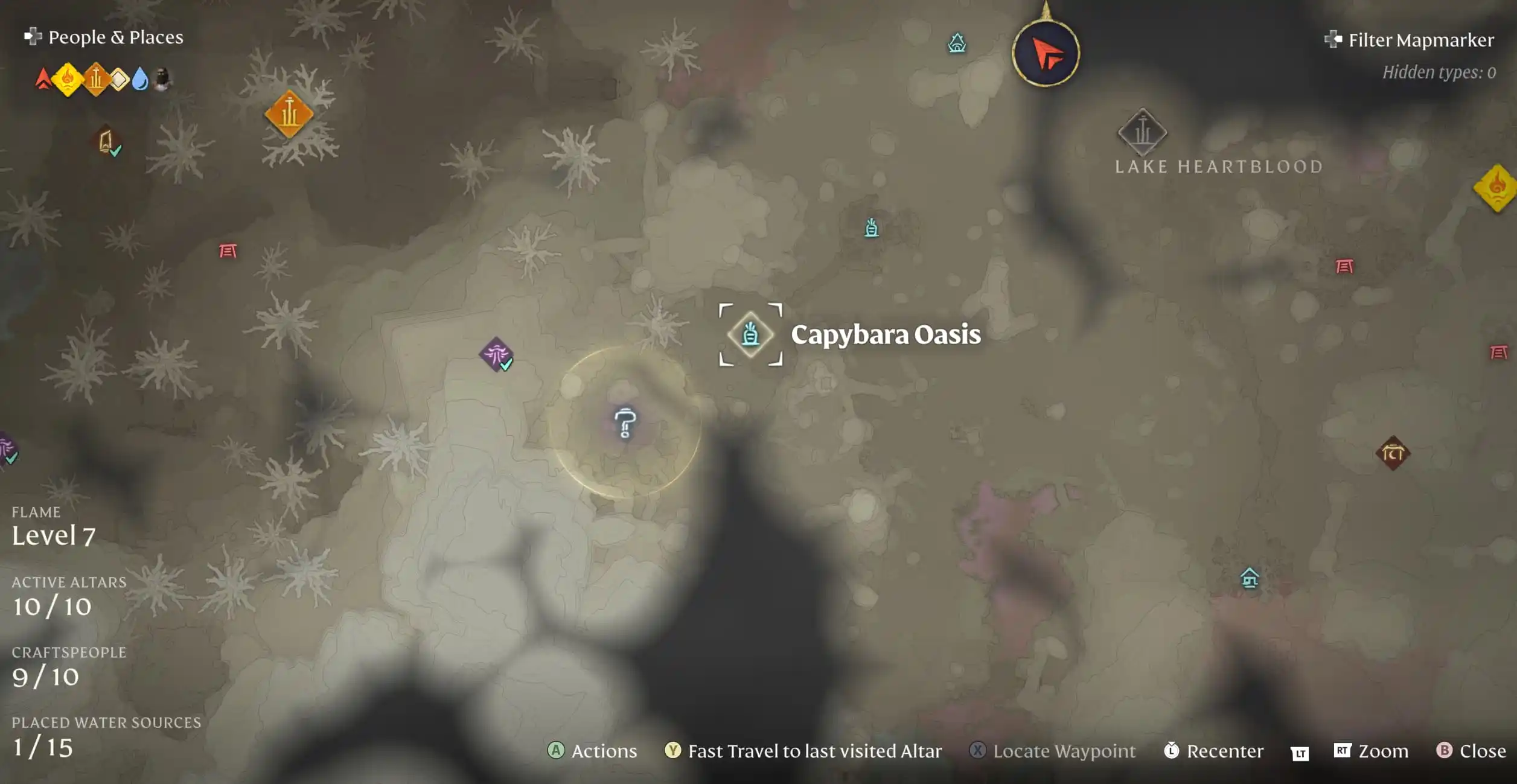 Uma captura de tela de Enshrouded, que mostra a localização do Oásis Capivara no mapa de Embervale.
