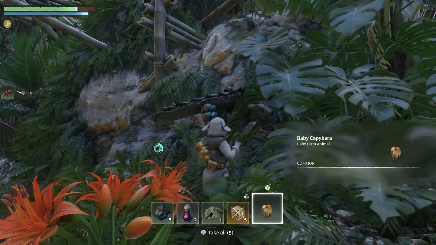 Uma captura de tela de Enshrouded mostrando um personagem vestindo uma fantasia de cordeiro em pé sobre uma criatura morta parecida com um crocodilo. Um bebê capivara aparece no menu na parte inferior da tela.