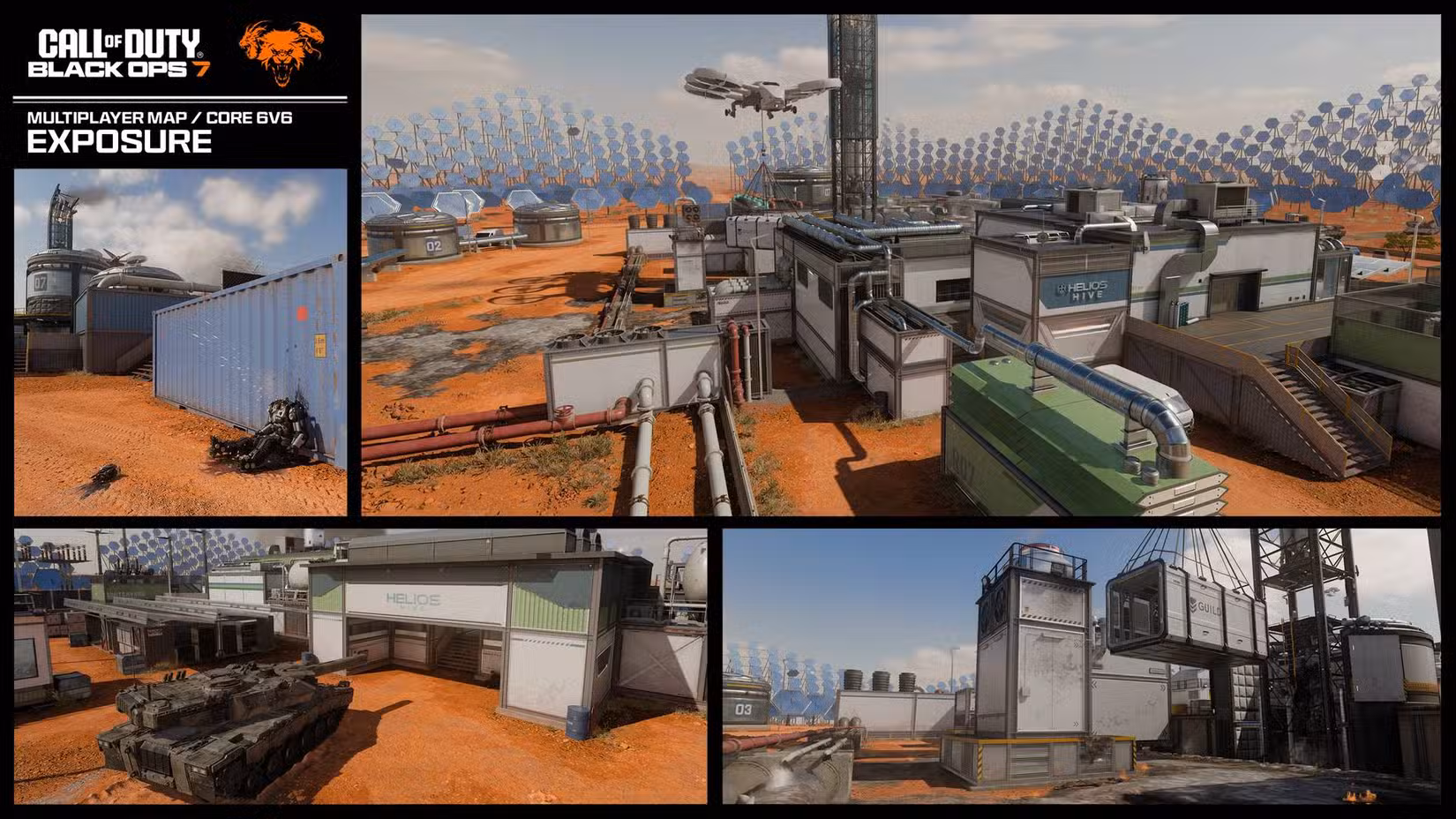 Quatro imagens do mapa Black Ops 7 ‘Exposição’ em um padrão de grade.