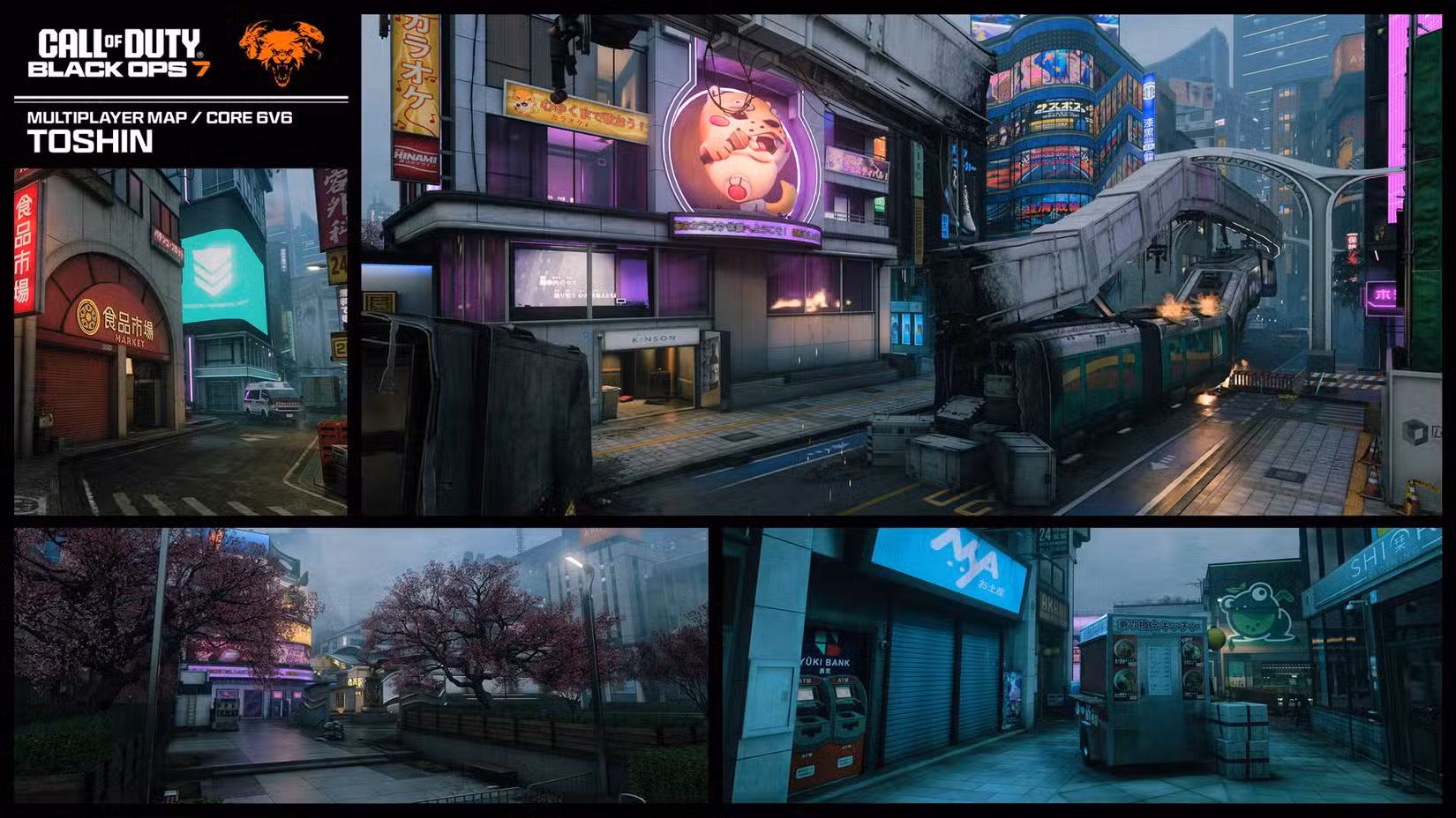 Quatro imagens do mapa Black Ops 7 ‘Toshin’ em um padrão de grade.
