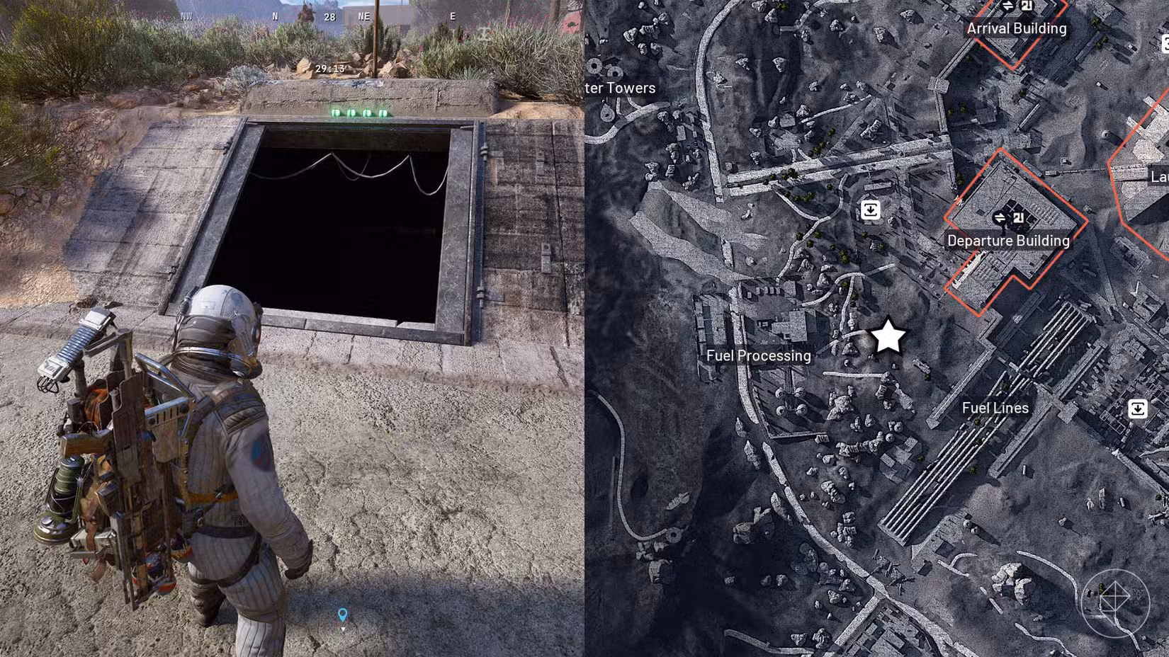 A entrada do Hidden Bunker no Spaceport junto com sua localização marcada no mapa Arc Raiders.