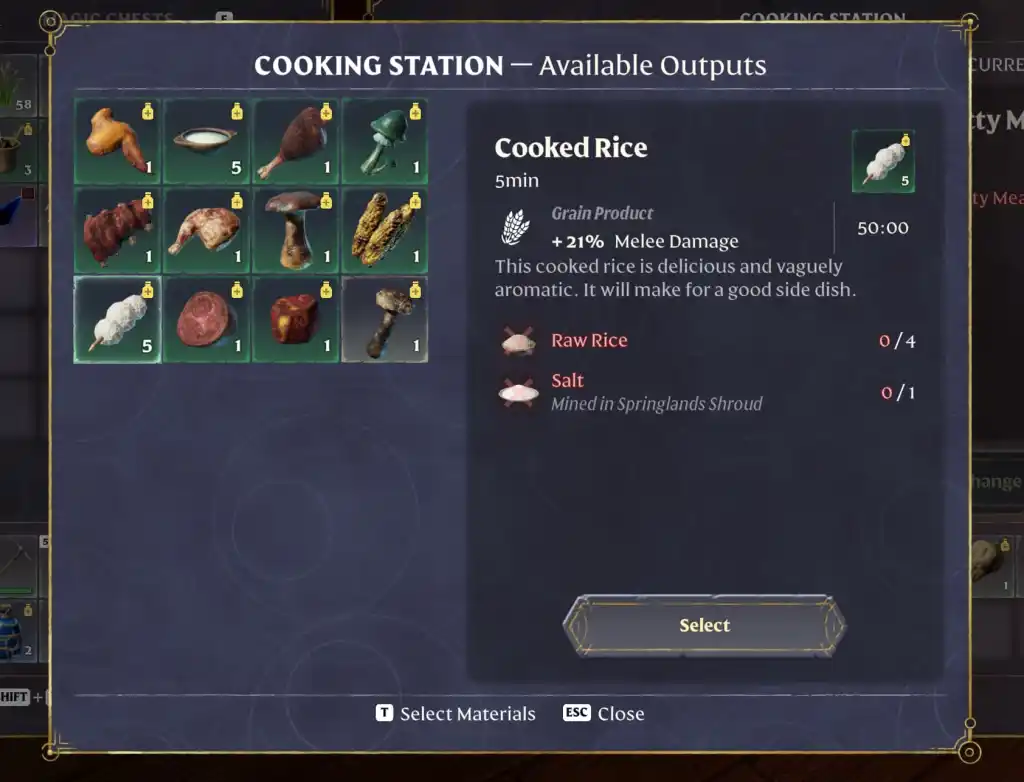 Uma captura de tela do menu Cooking Station em Enshrouded, mostrando a opção Cooked Rice.
