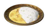 Um prato de comida de Enshrouded mostrando um prato com metade de banana e metade de arroz branco.