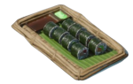 Um prato de bambu com rolos de Sushi cortados em Enshrouded.