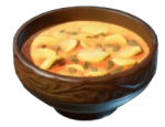 Uma tigela de curry laranja e amarelo. Este é o Taro Root Curry em Enshrouded