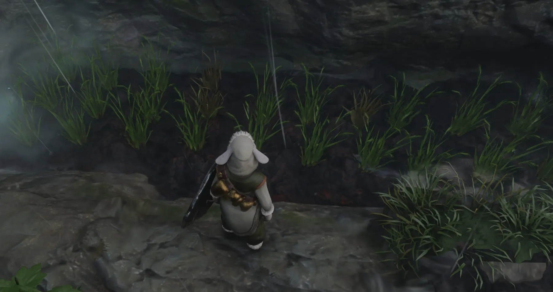 Um personagem do jogador em Enshrouded fica em frente a um canteiro de fazenda com mudas de arroz. Três deles são marrons.