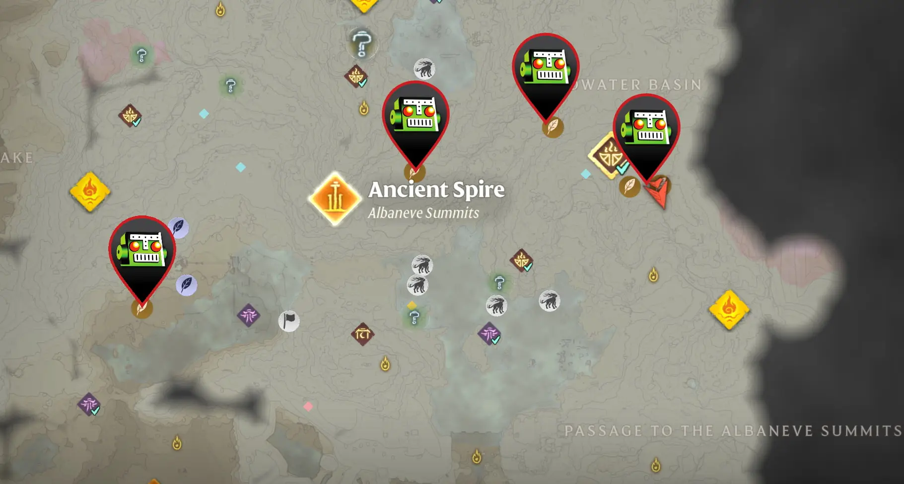 Um mapa dos cumes de Albaneve em Enshrouded e onde você pode encontrar Genciana.