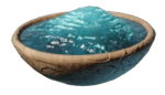 Uma tigela de madeira com uma substância pegajosa azul. Esta é uma pomada para feridas envolta