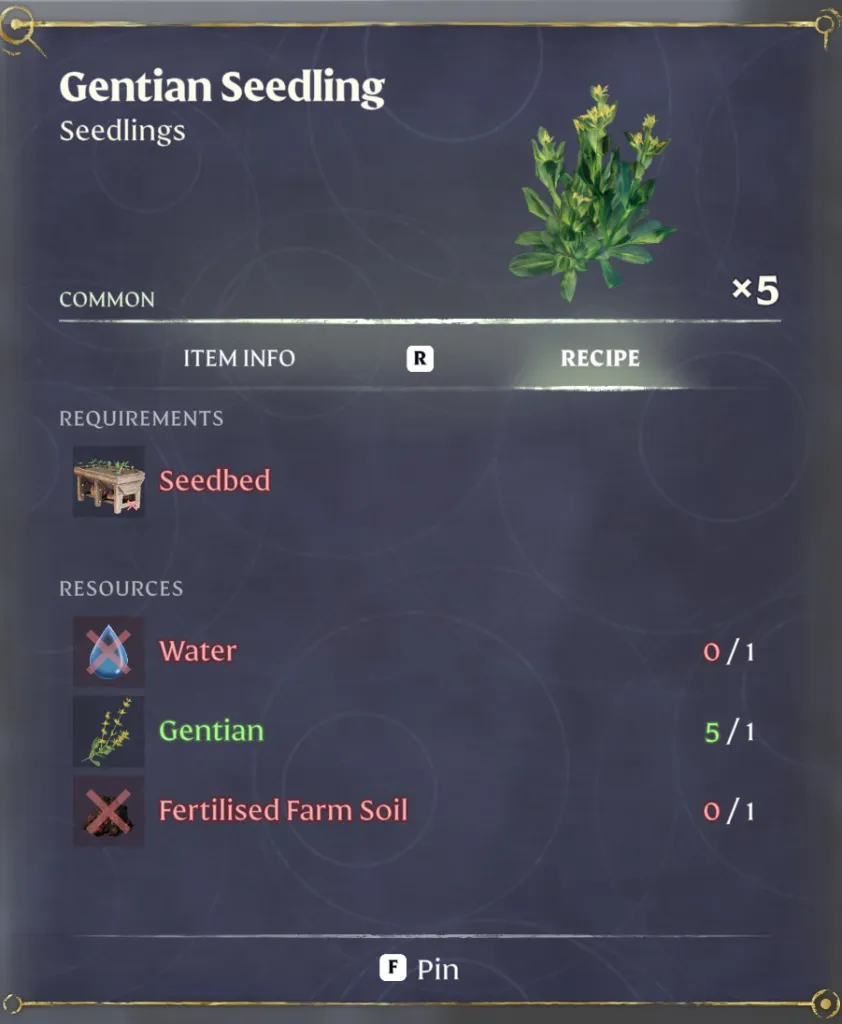 O menu de elaboração do Seedbed em Enshrouded mostrando as Mudas de Genciana