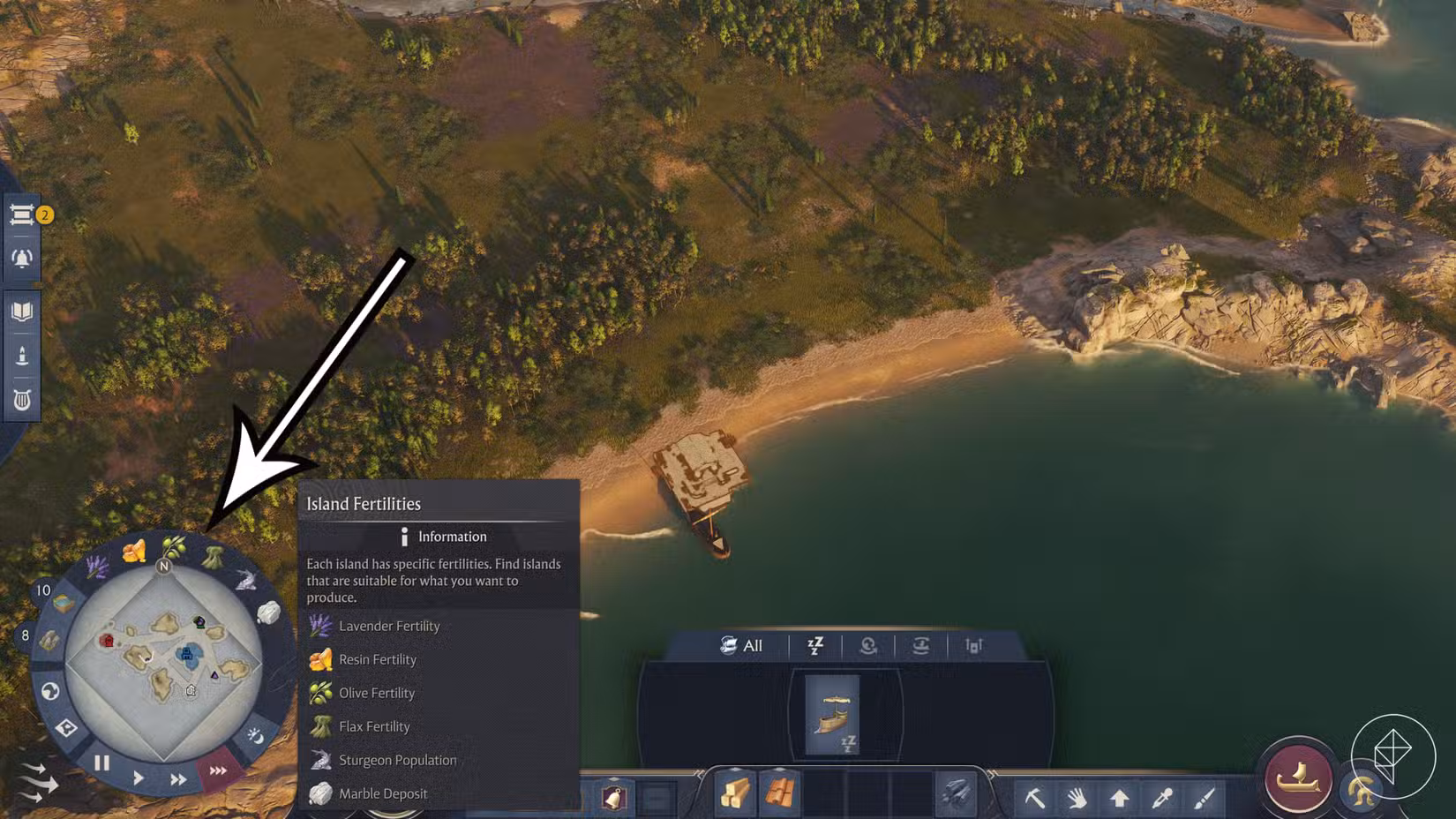 Uma seta apontando a fertilidade da ilha no Anno 117: Pax Romana.