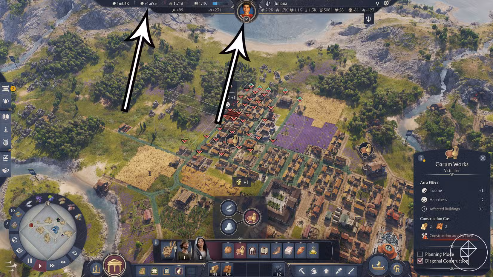 Duas setas apontam para mais informações sobre a economia do jogador em Anno 117: Pax Romana.