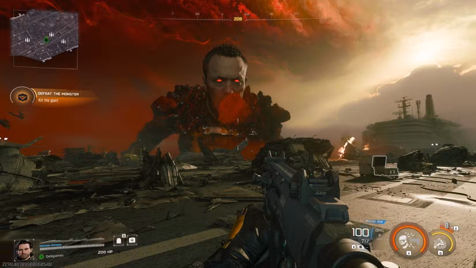 O jogador em Black Ops 7 olhando para uma versão gigante e hostil de Harper, que de outra forma é seu companheiro de equipe.