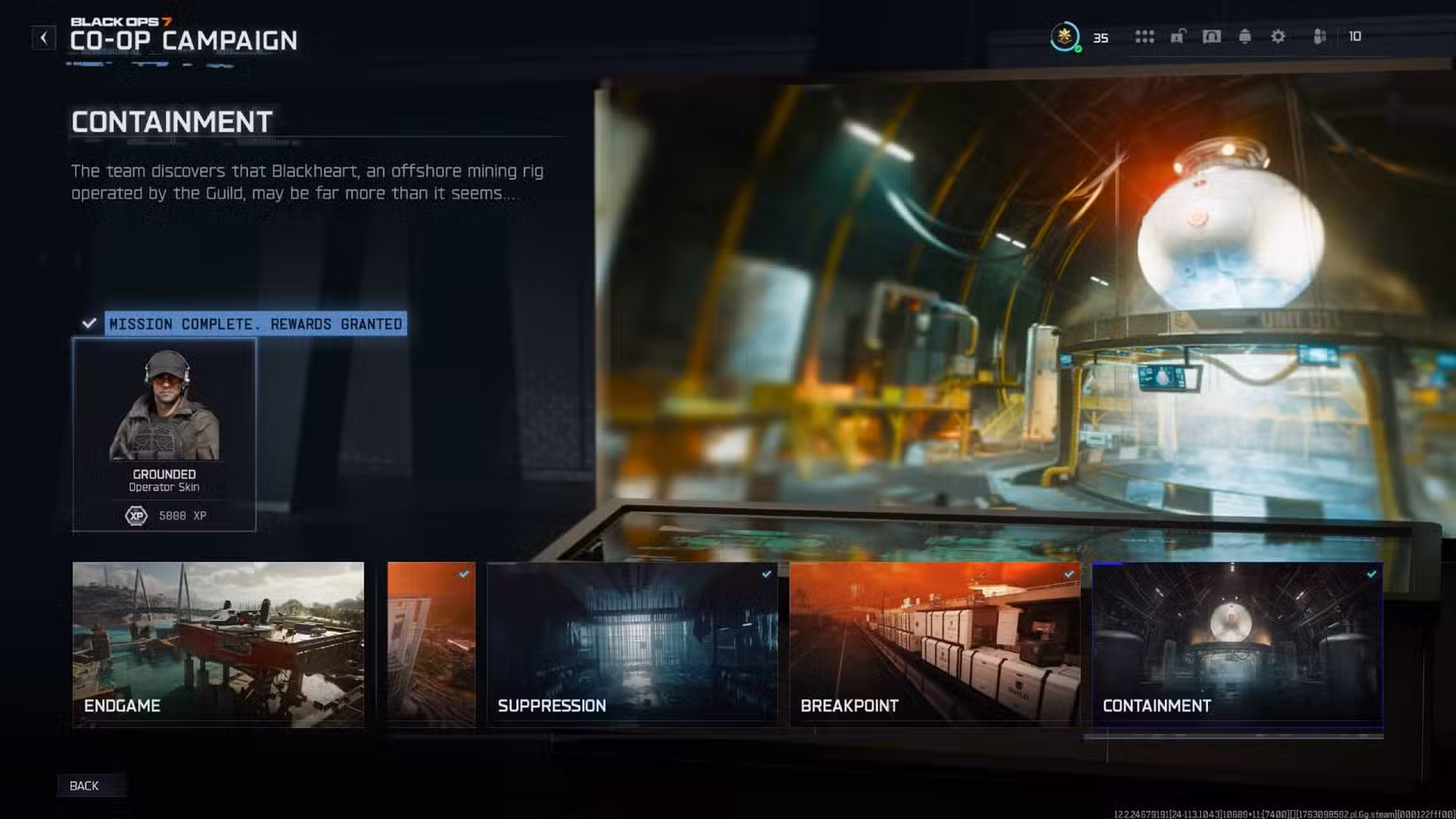 A missão ‘Containment’ selecionada na campanha Black Ops 7.