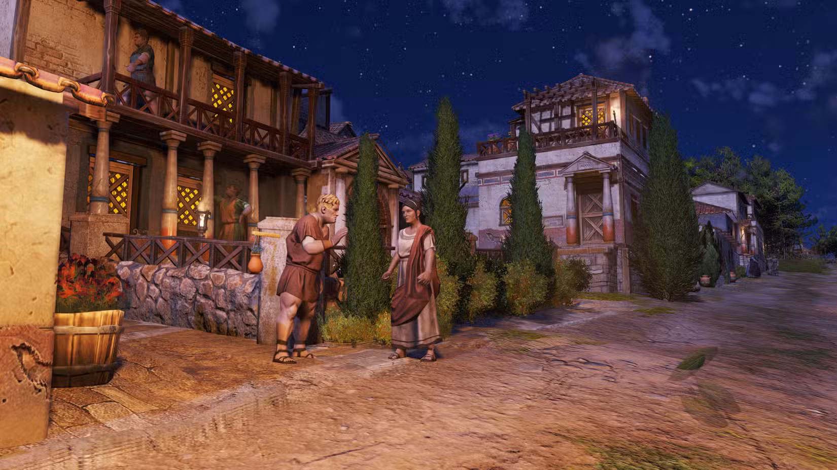 Para pessoas discutindo à noite, visto de uma perspectiva de primeira pessoa em Anno 117: Pax Romana.