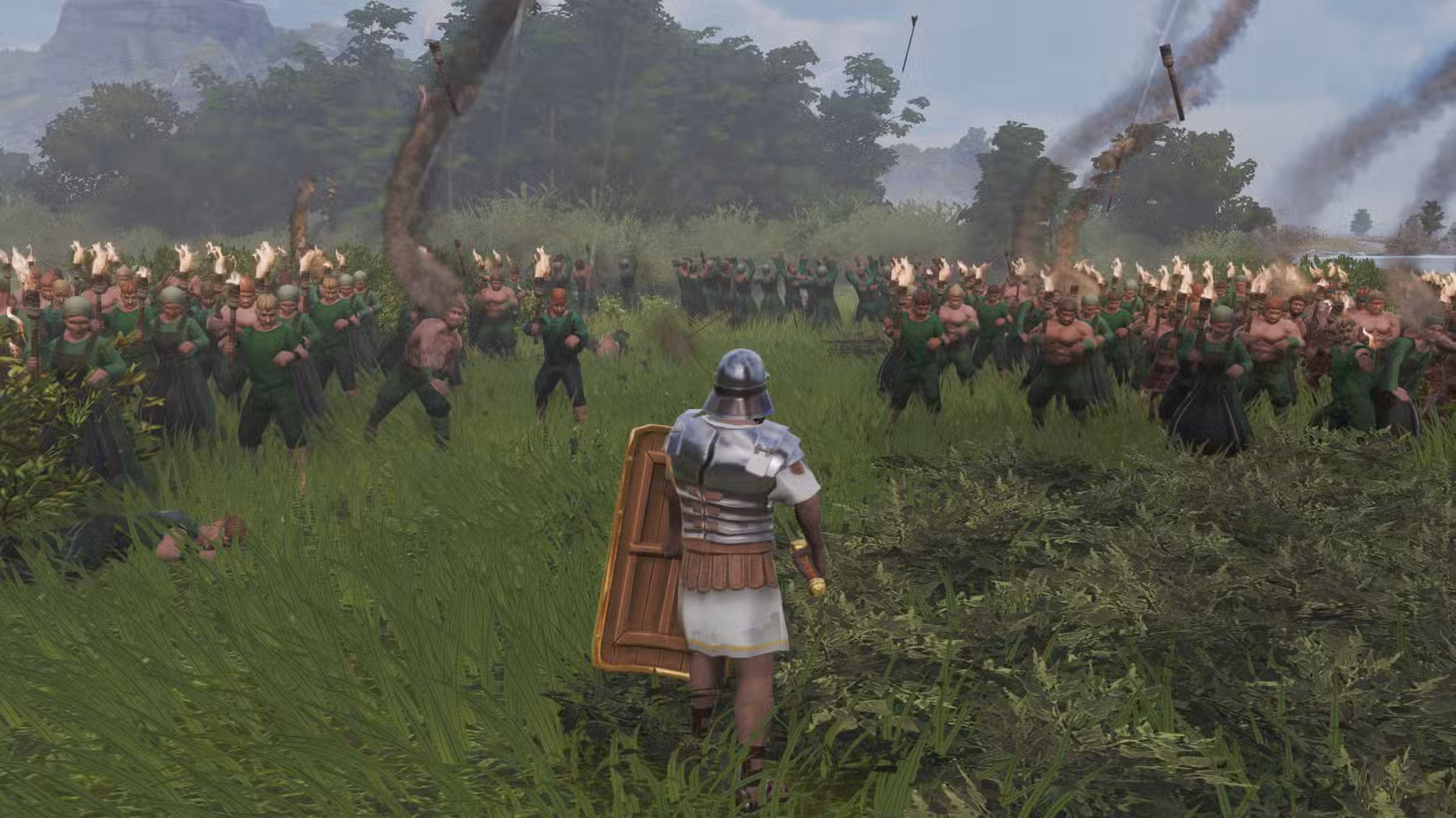 Um jogador entrando em uma batalha em Anno 117: modo de primeira pessoa de Pax Romana.