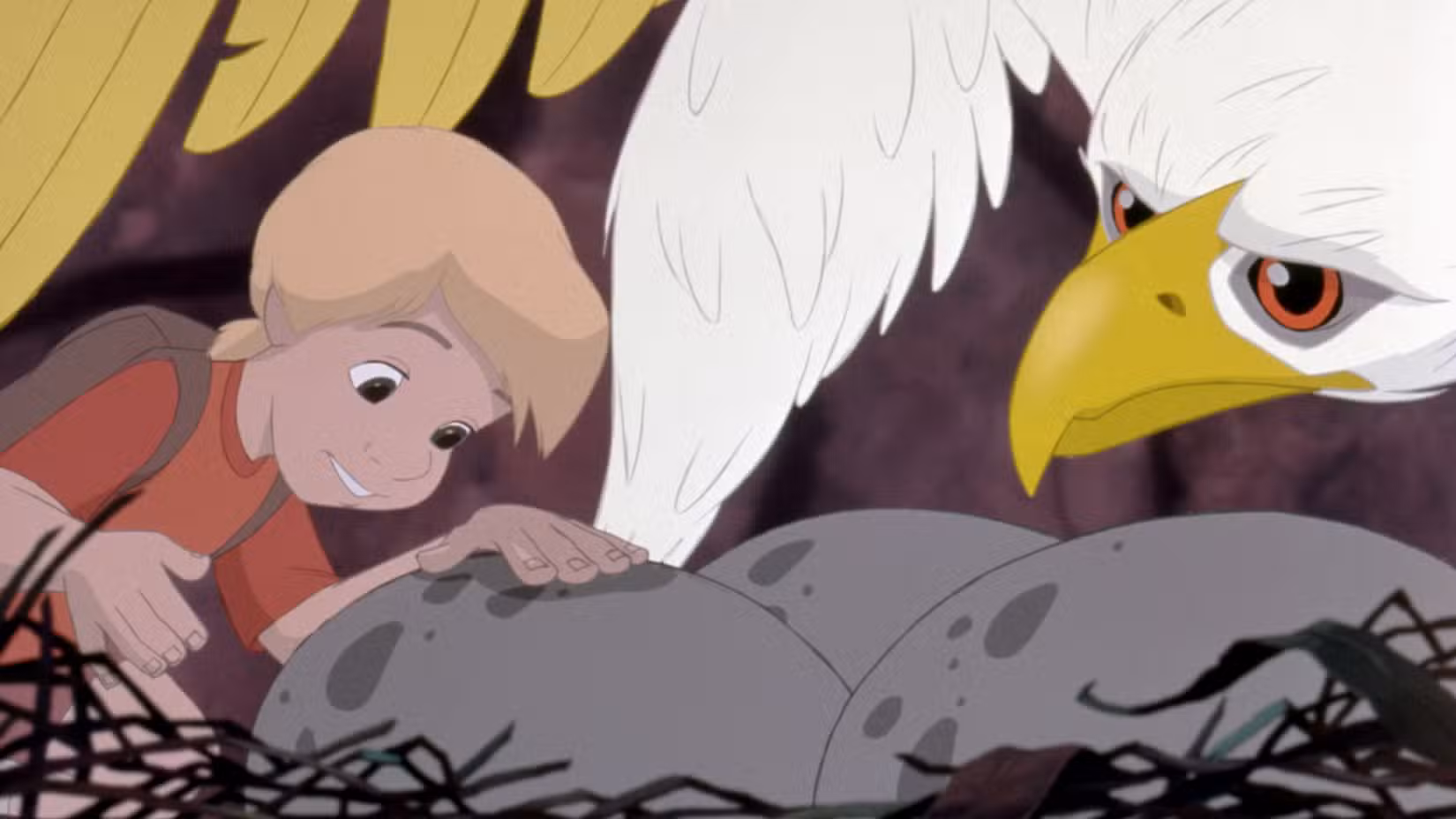 Um menino chamado Cody está no ninho da gigante águia dourada Marahute e sorri para seus ovos em The Rescuers Down Under