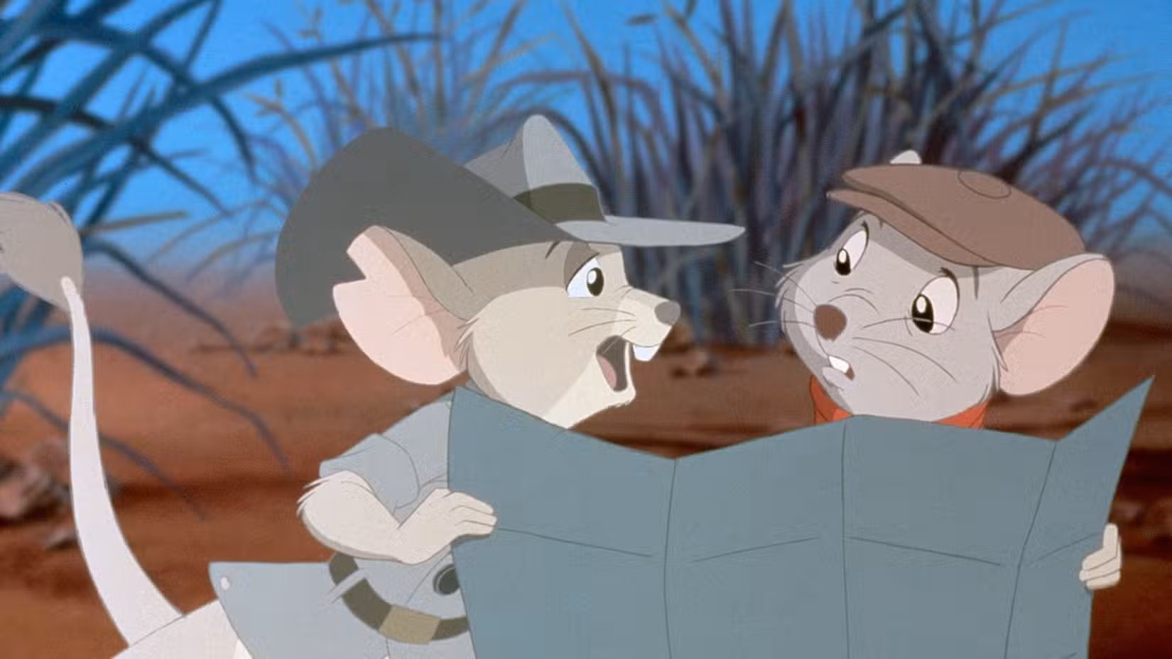 Jake e Bernard, dois ratos animados, examinam um mapa em The Rescuers Down Under