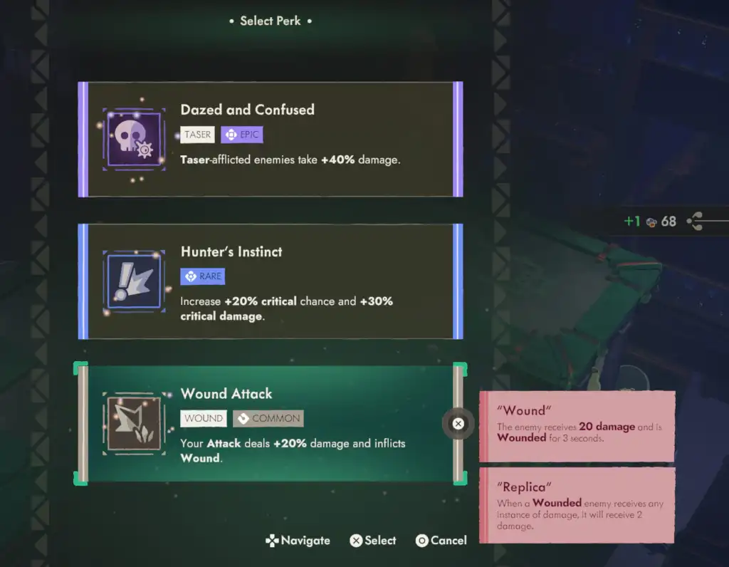 Uma captura de tela do menu Combat Perks do Moonlighter 2
