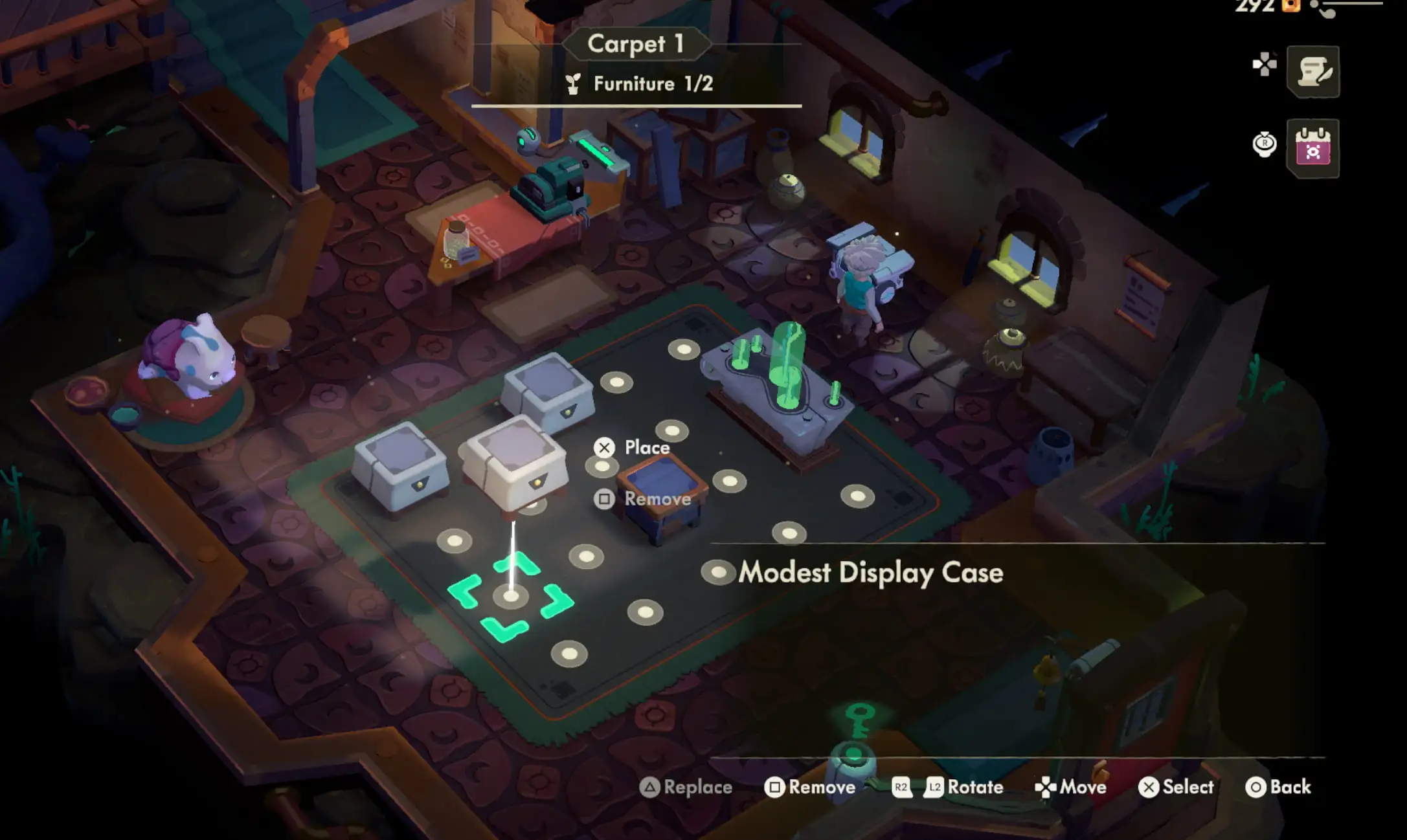 Uma captura de tela da loja de Moonlighter 2, mostrando o jogador reorganizando móveis e prateleiras.