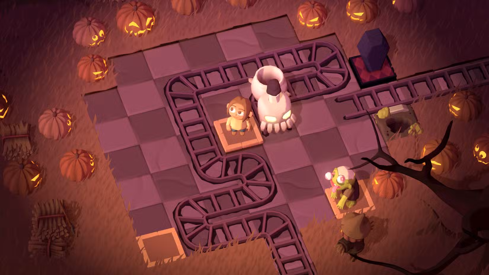 Um trem atravessa um canteiro de abóboras no Spooky Express.