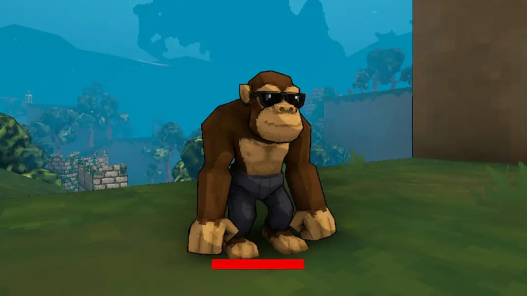 Um macaco com óculos escuros sentado no Megabonk.