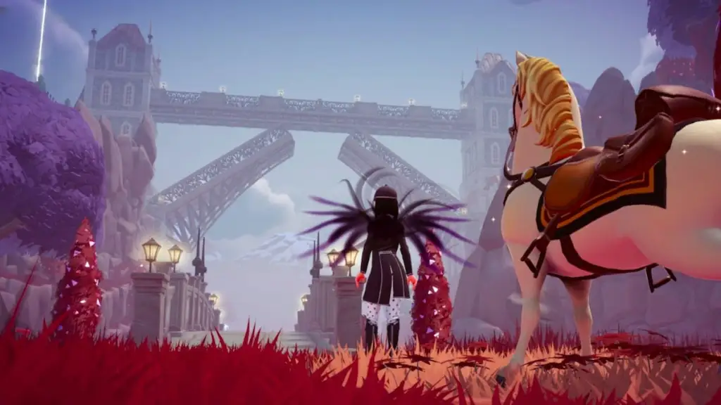 Olhando para uma enorme ponte de metal no Disney Dreamlight Valley