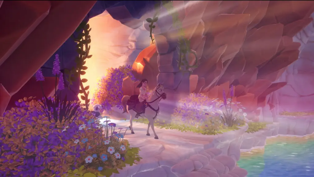 Saindo da caverna iluminada andando em Maximus no Disney Dreamlight Valley