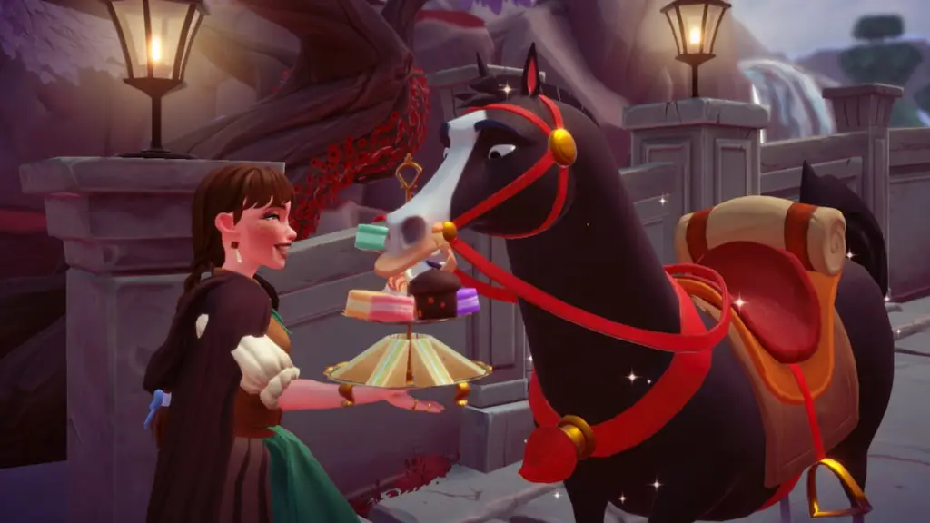 Alimentando um cavalo com comida do rancho Wishblossom no Disney Dreamlight Valley
