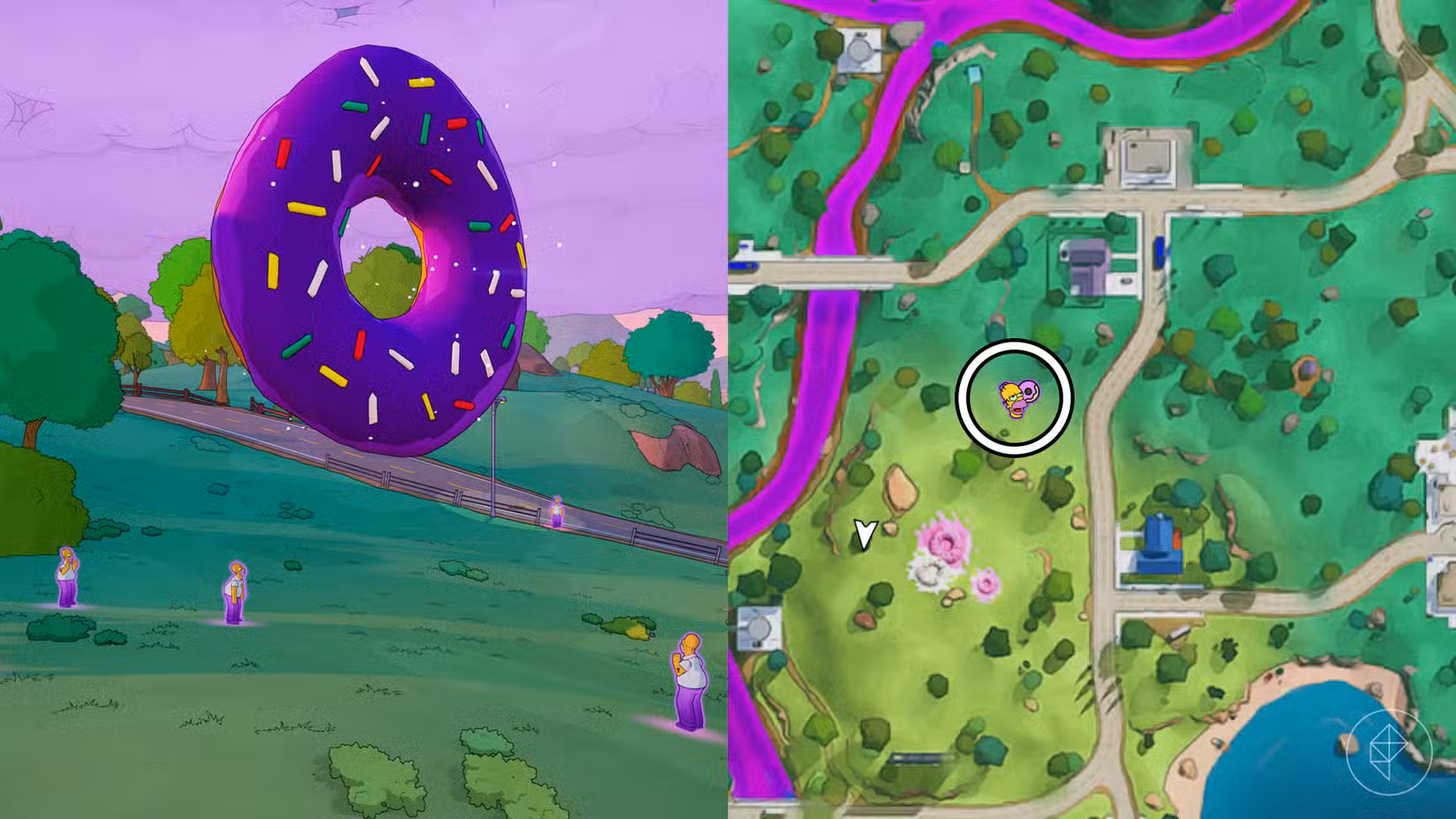 Clones de Homer olhando para um donut gigante flutuante com sua localização circulada no mapa.