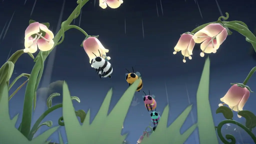 Abelhas voando por Pixie Acres no Disney Dreamlight Valley