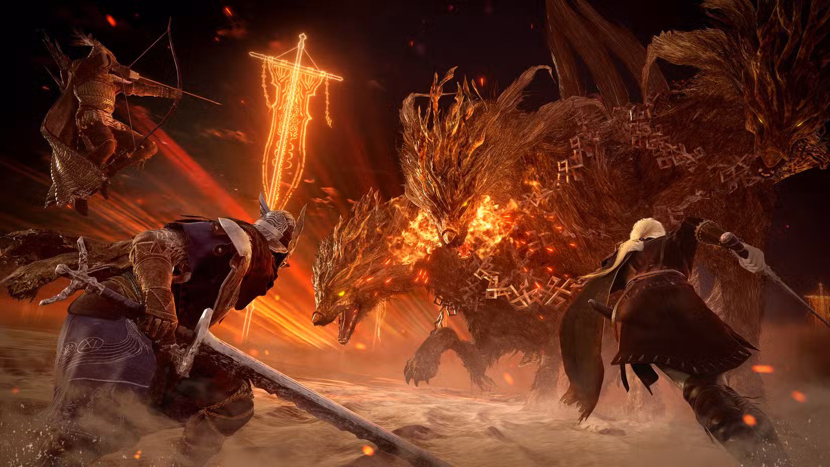 Um trio de personagens lutando contra uma criatura cuspidora de fogo de duas cabeças em Elden Ring Nightreign