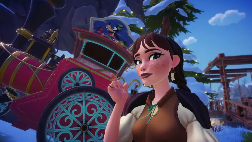 apontando para o trem do Pateta no Disney Dreamlight Valley