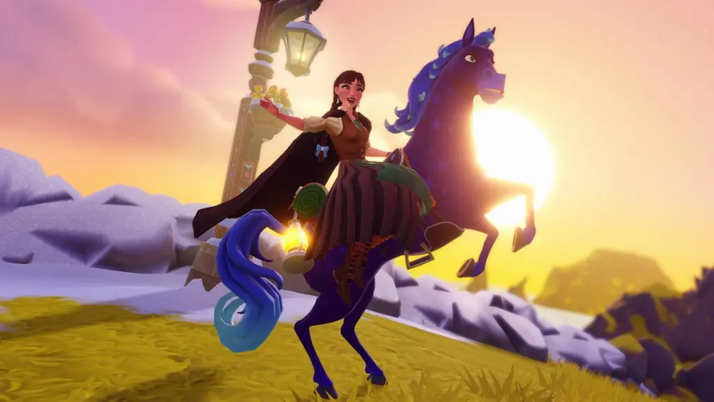 Andando a cavalo em frente ao pôr do sol no Disney Dreamlight Valley