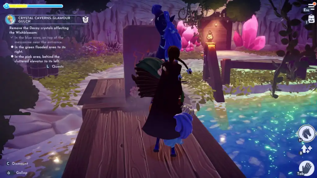 Empurrando uma pedra sobre uma ponte no Disney Dreamlight Valley