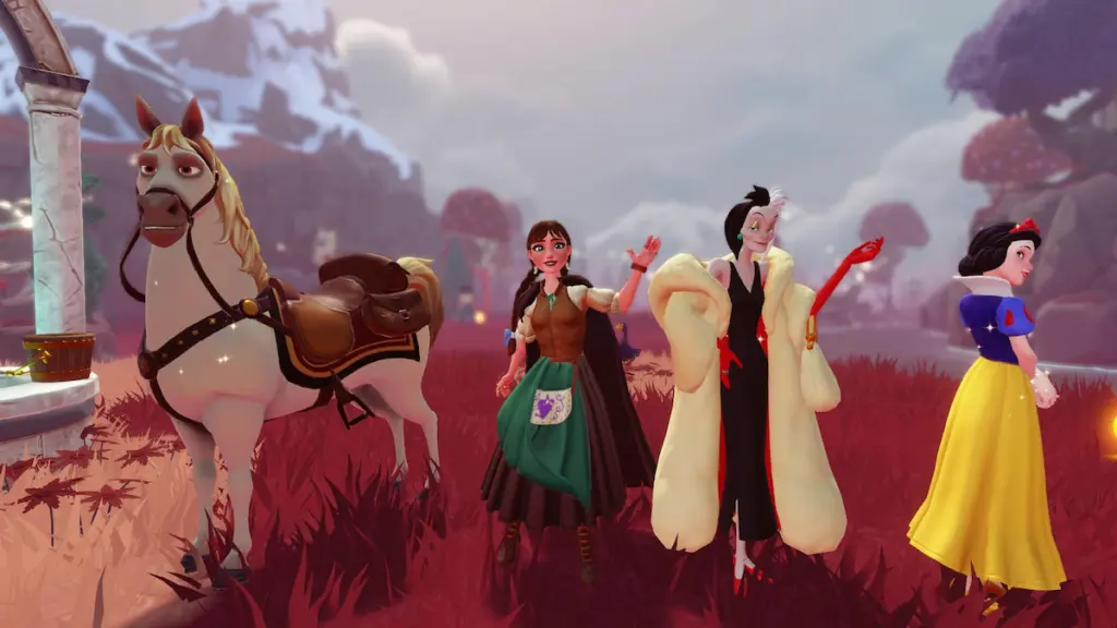 Ao lado de Maximus, Cruella e Branca de Neve no Disney Dreamlight Valley