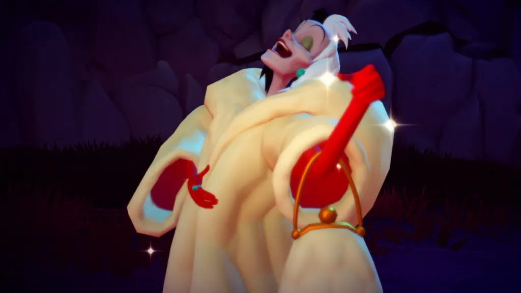 Cruella rindo no Disney Dreamlight Valley