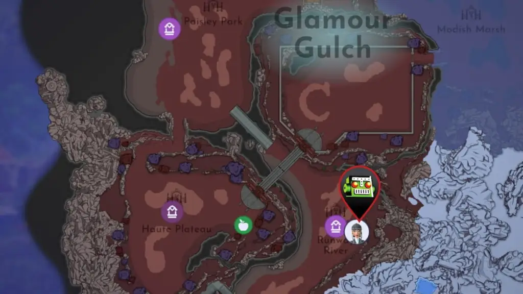Caverna de Skunk marcada no mapa no Disney Dreamlight Valley