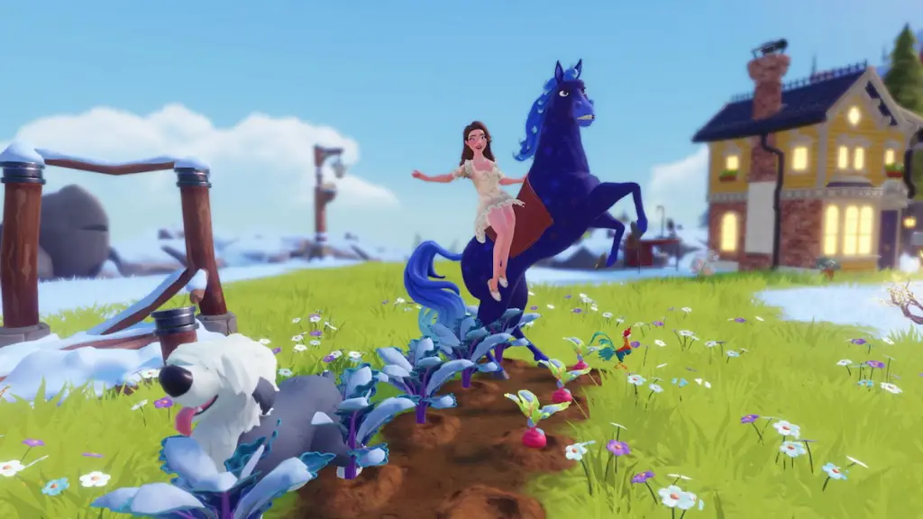 Andar a cavalo cultivando plantas no Disney Dreamlight Valley