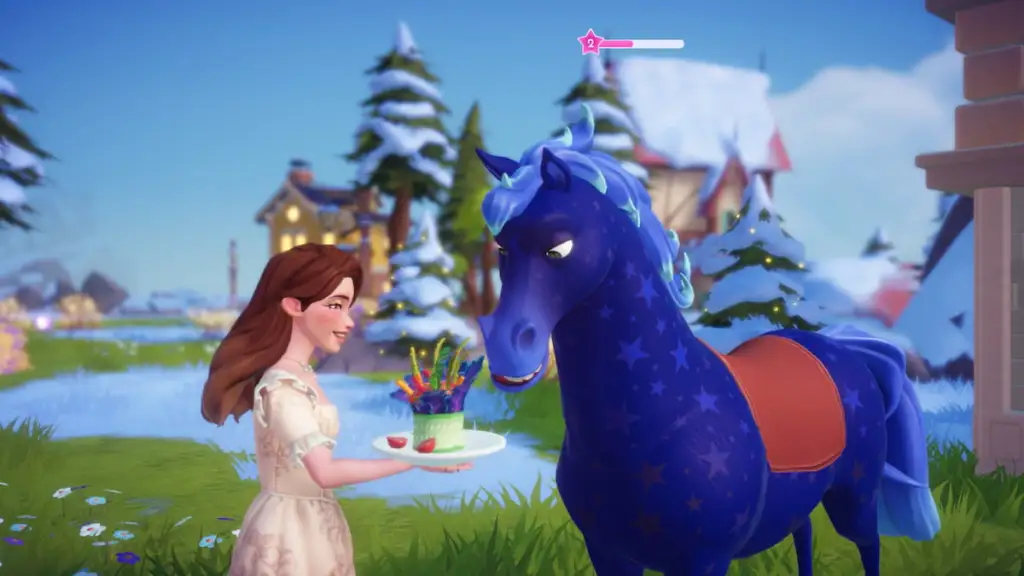 Alimentando o cavalo no Disney Dreamlight Valley