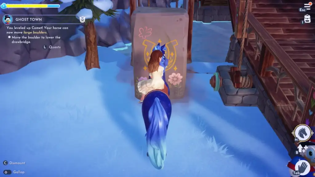 empurrando pedra com cavalo no Disney Dreamlight Valley