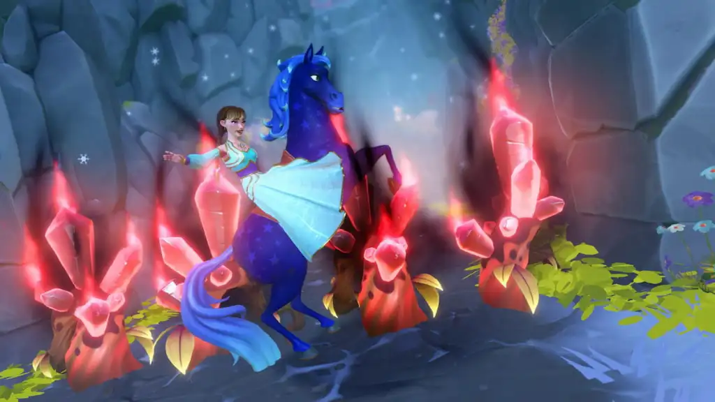 Montando um cavalo azul perto de alguns cristais vermelhos brilhantes no Disney Dreamlight Valley
