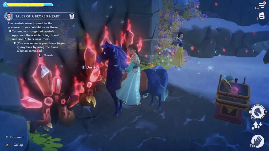 Andar a cavalo por cristais vermelhos no Disney Dreamlight Valley