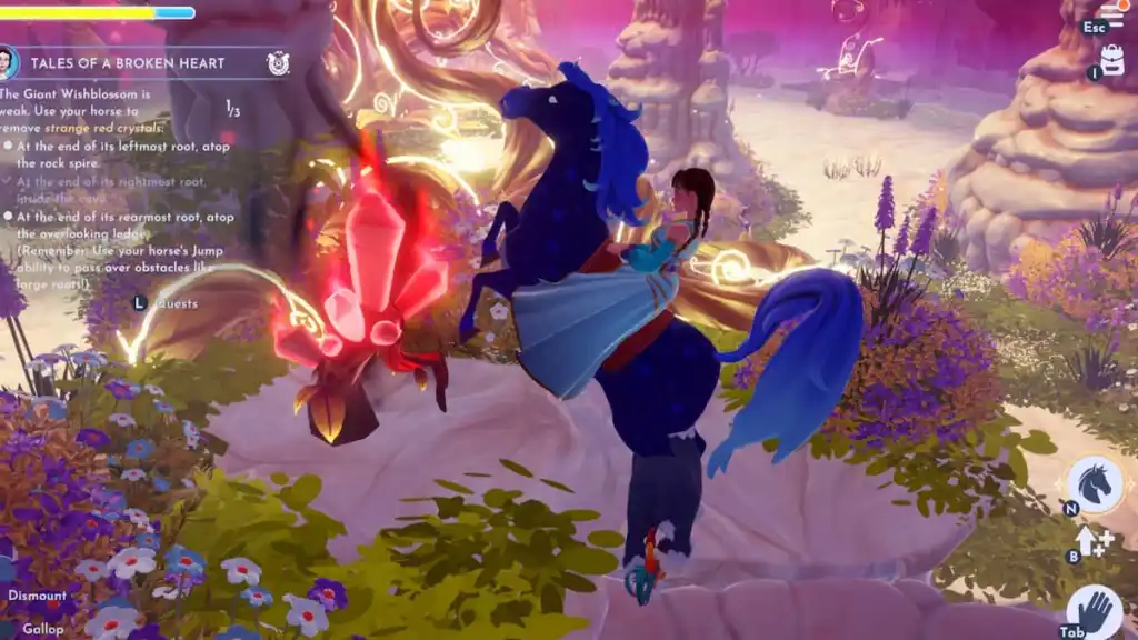 quebrando cristal vermelho com cavalo no Disney Dreamlight Valley
