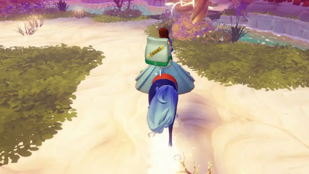 galopando sobre uma flor morta no Disney Dreamlight Valley