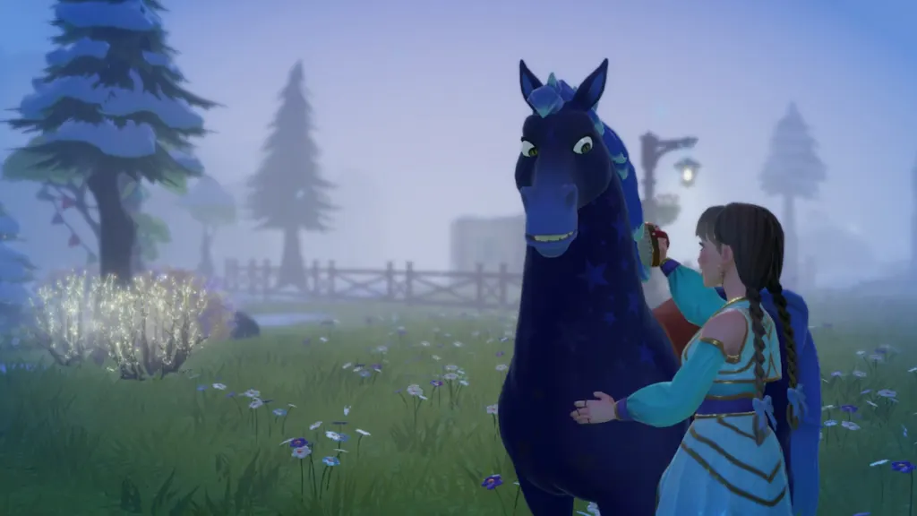 escovando um cavalo azul no Disney Dreamlight Valley.