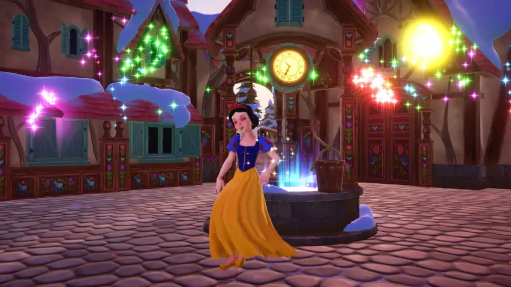 Branca de neve dançando perto do poço no Disney Dreamlight Valley