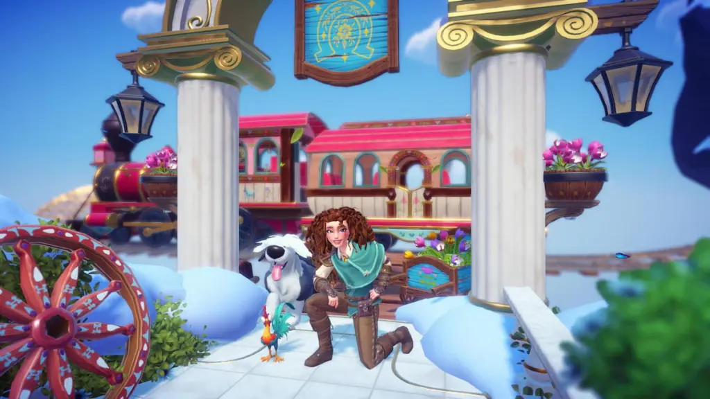 Ajoelhado na frente do trem no Disney Dreamlight Valley