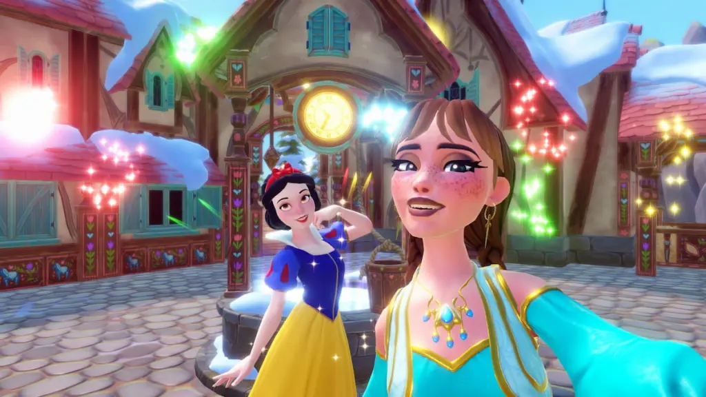 Tirando uma selfie com a Branca de Neve no Disney Dreamlight Valley